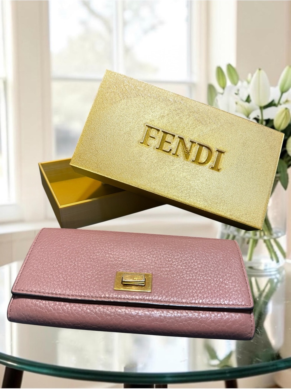 Authentic FENDI Peekaboo Continental Long Wallet Mauve Pink Leather EUC